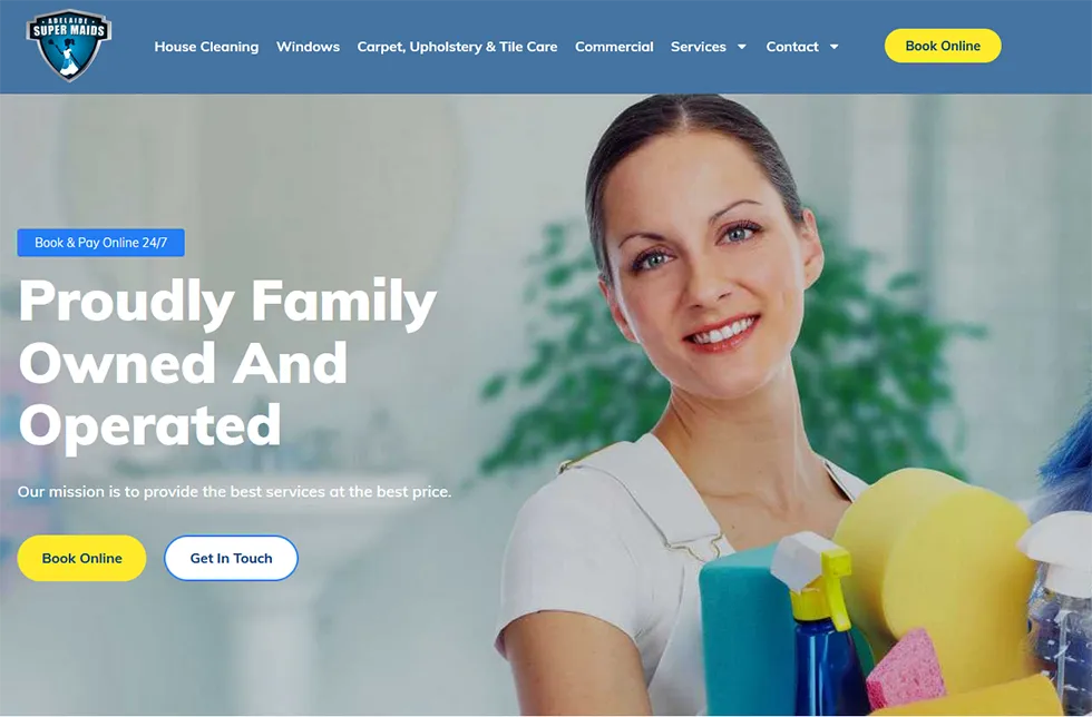 A screenshot of the website offering cleaning services in Adelaide