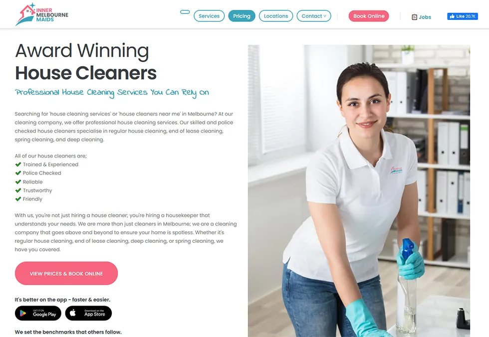 A screenshot of the website offering cleaning services in Melbourne